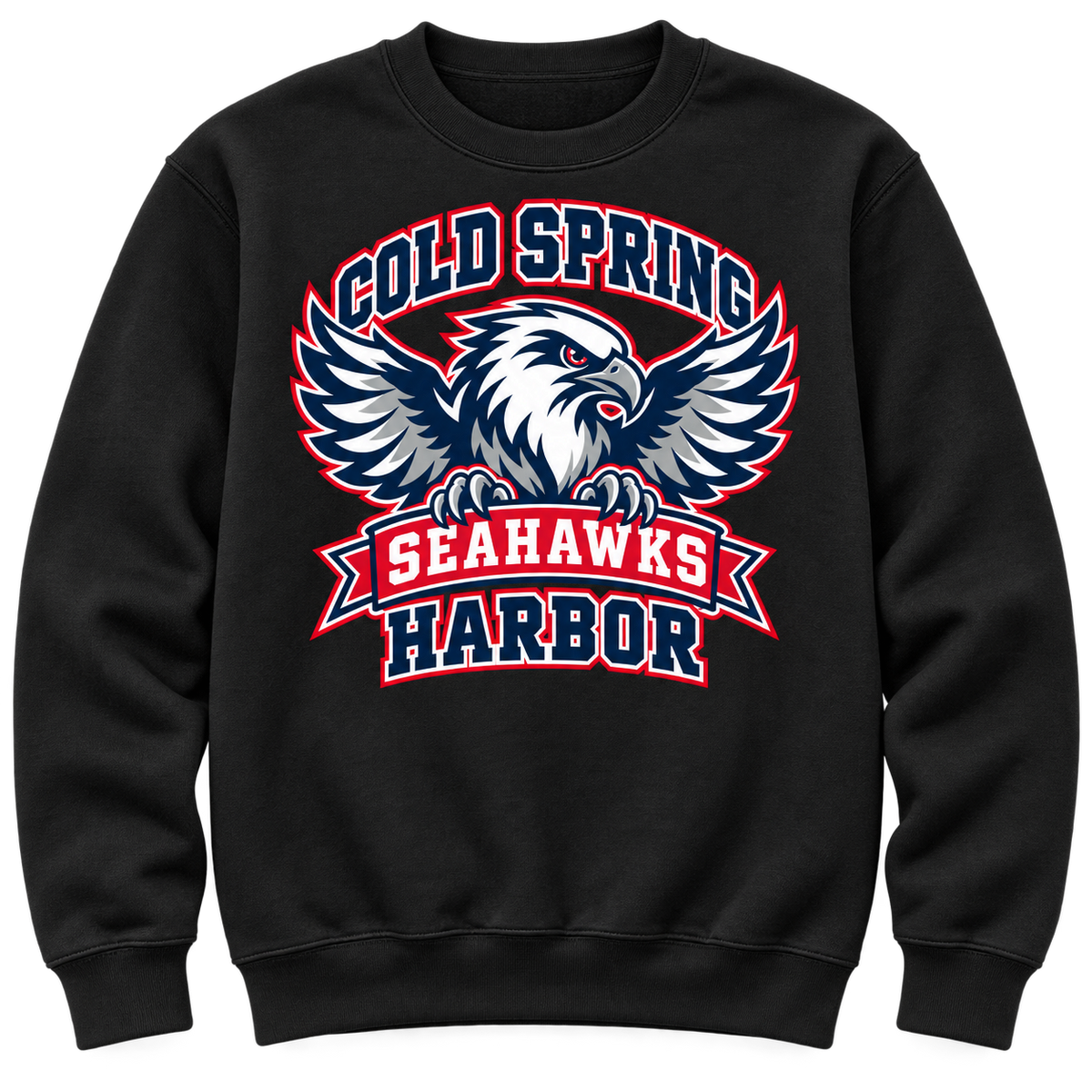 Cold Spring Harbor Seahawks Flight Crest Crewneck in Black; center front print — digital mockup