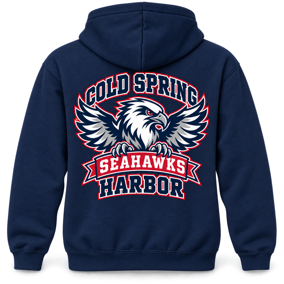 Cold Spring Harbor Seahawks Stadium Hoodie in Navy; small left chest and large back print — digital mockup