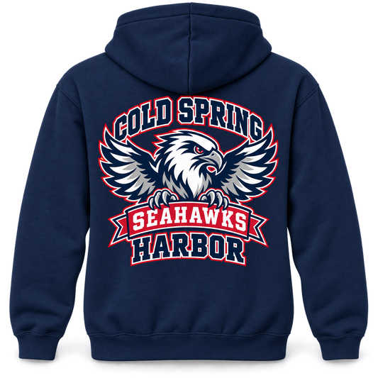 Cold Spring Harbor Seahawks Stadium Hoodie in Navy; small left chest and large back print — digital mockup
