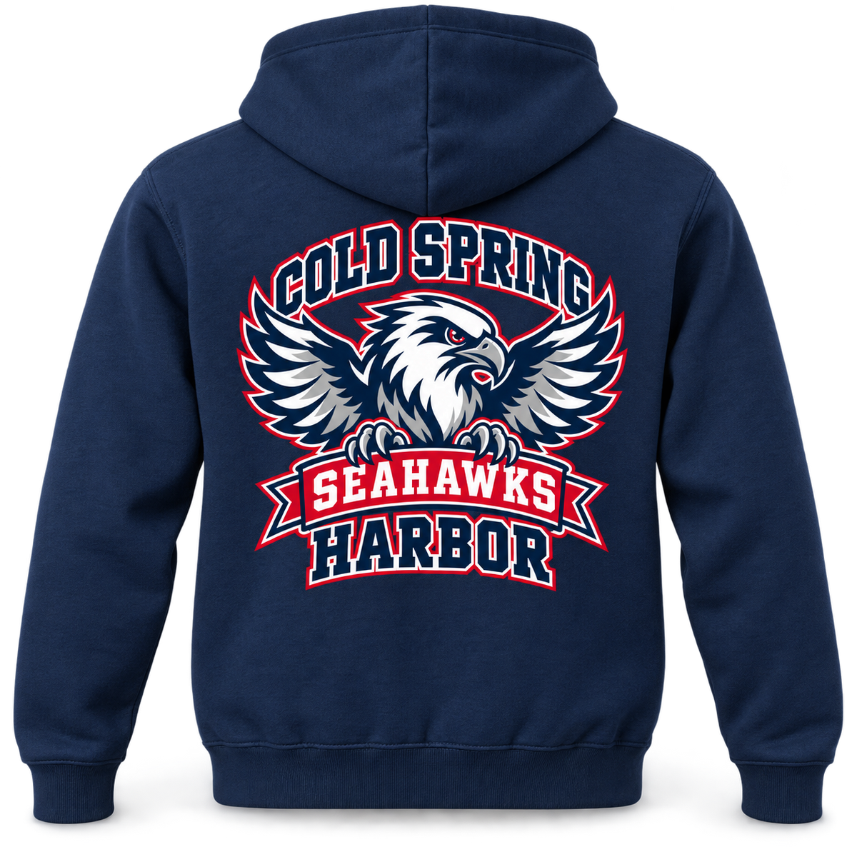 Cold Spring Harbor Seahawks Stadium Zip Hoodie in Navy; small left chest and large back print — digital mockup