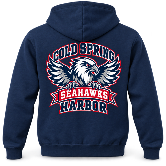 Cold Spring Harbor Seahawks Stadium Zip Hoodie in Navy; small left chest and large back print — digital mockup