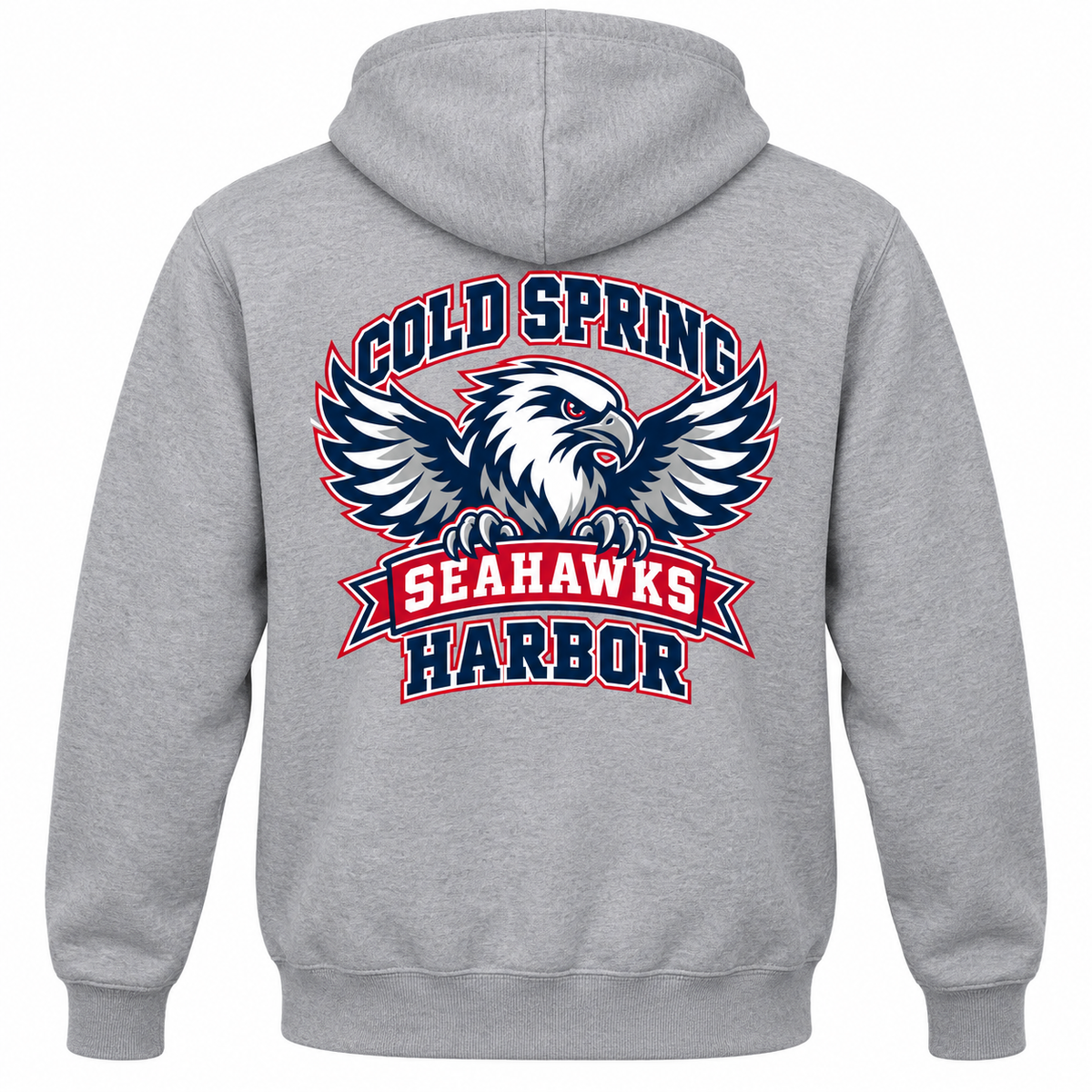 Cold Spring Harbor Seahawks Stadium Zip Hoodie in Sport Grey; small left chest and large back print — digital mockup