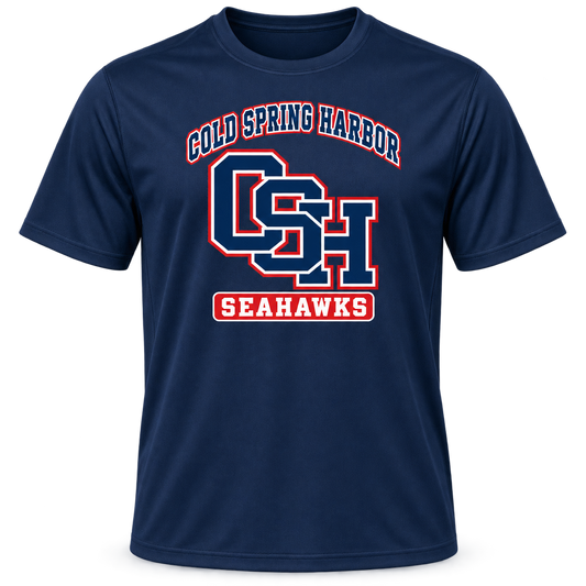 Cold Spring Harbor Seahawks Training Performance Tee in True Navy; center front print — digital mockup