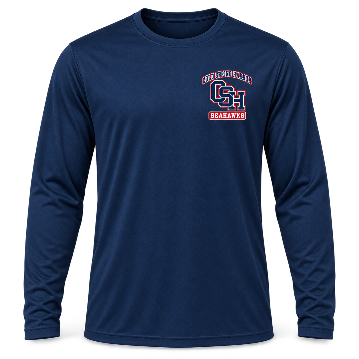 Cold Spring Harbor Seahawks Training Performance Long Sleeve in True Navy; small left chest print — digital mockup