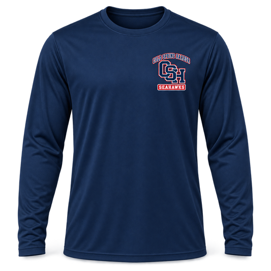 Cold Spring Harbor Seahawks Training Performance Long Sleeve in True Navy; small left chest print — digital mockup