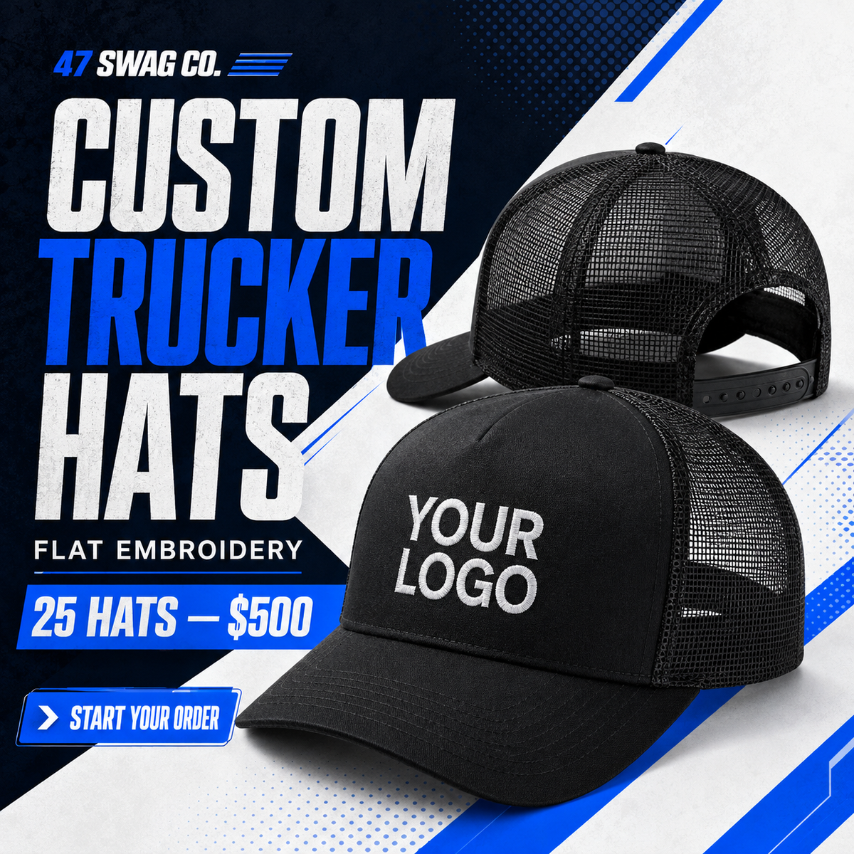 Custom Trucker Hats with flat embroidery — 25 hats for $500