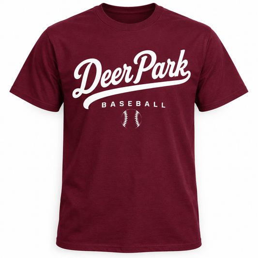 Deer Park Baseball Diamond Script Tee — Maroon