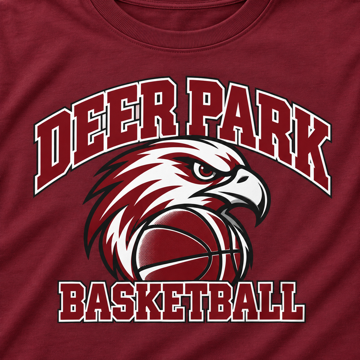 Close-up of the maroon, white and charcoal Deer Park basketball falcon front print