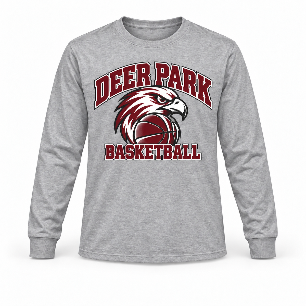 Deer Park Falcons Basketball Long Sleeve Tee in Heather Gray, front view