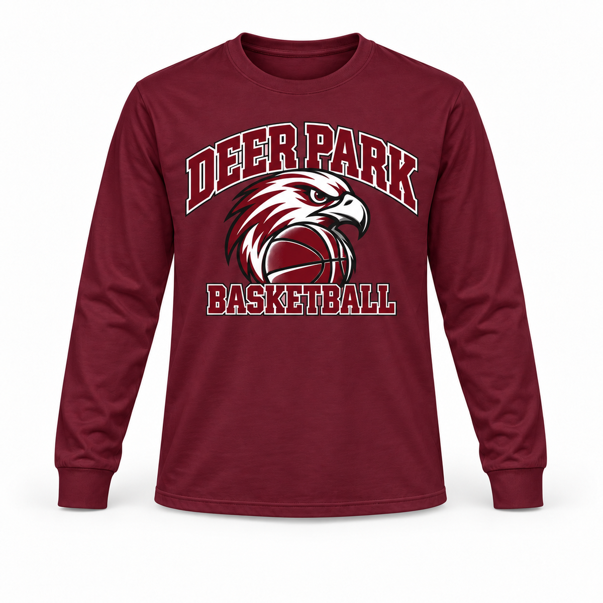 Deer Park Falcons Basketball Long Sleeve Tee in Maroon, front view