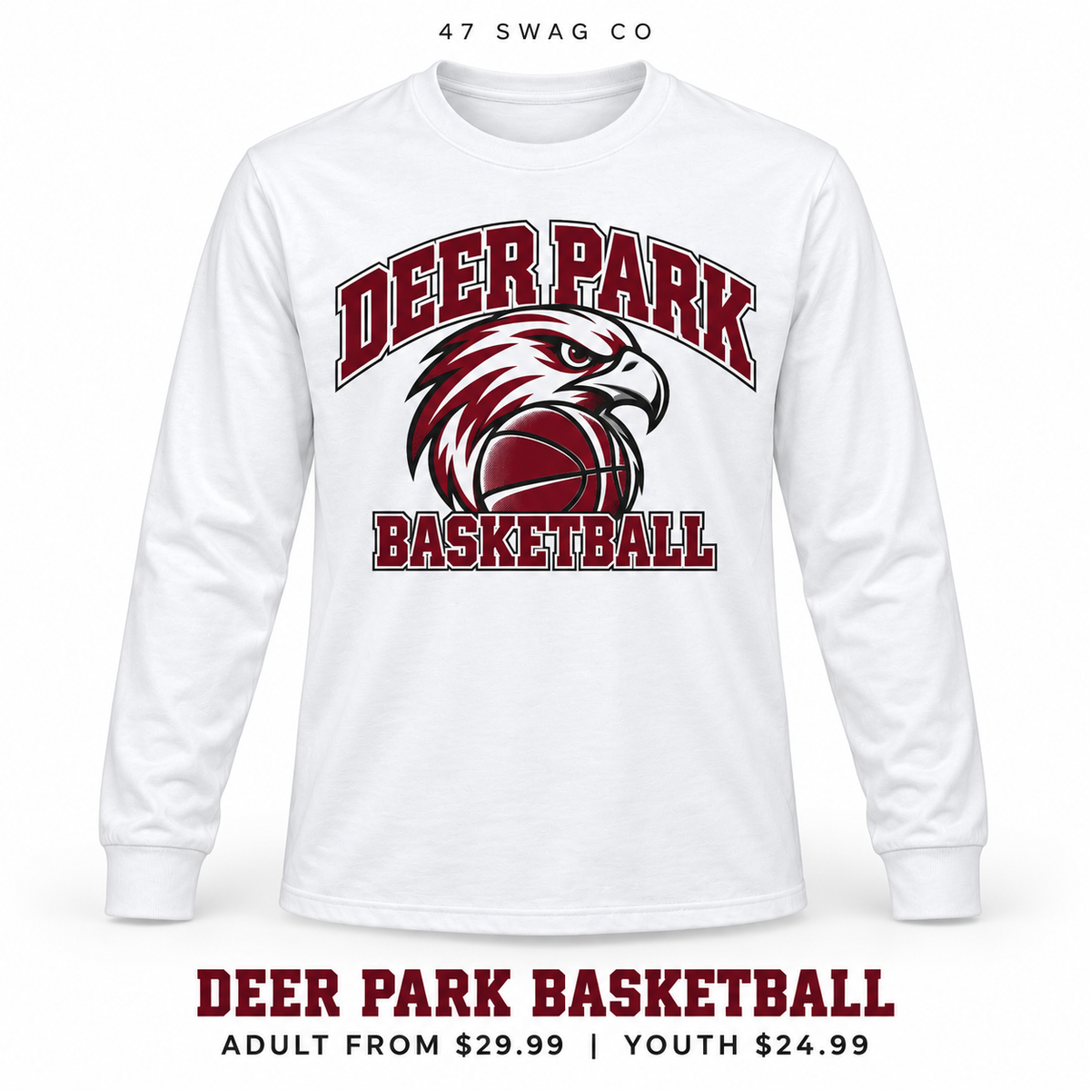 Deer Park Falcons Basketball Long Sleeve Tee in White, front view with adult and youth starting prices