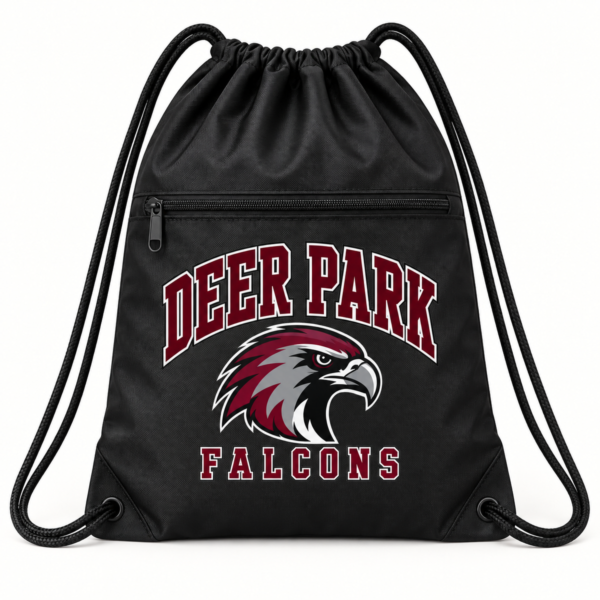 Deer Park Falcons Campus Polyester Zip-Pocket Drawstring Backpack — Black
