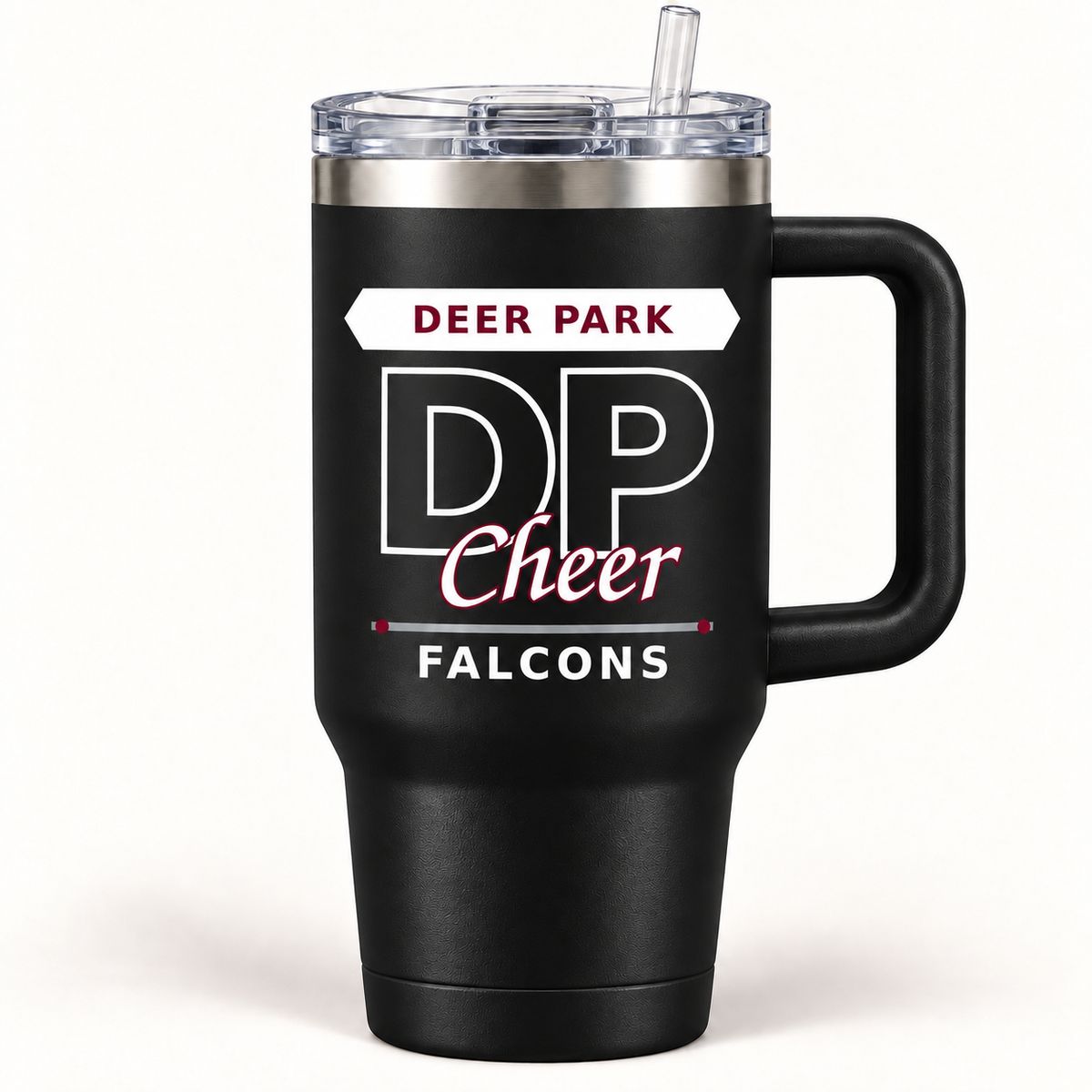 Black Deer Park Falcons Cheer 40 oz handled tumbler with lid and straw