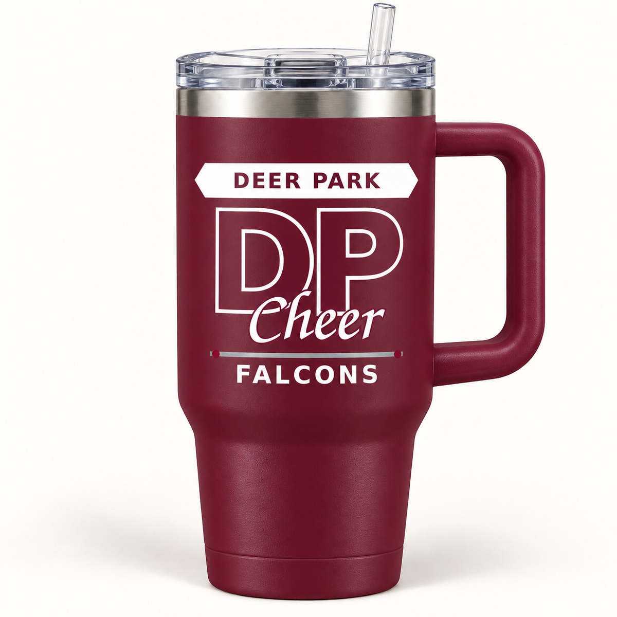 Maroon Deer Park Falcons Cheer 40 oz handled tumbler with lid and straw