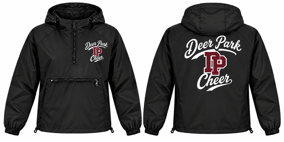 Deer Park Cheer regular full-length black windbreaker front and back