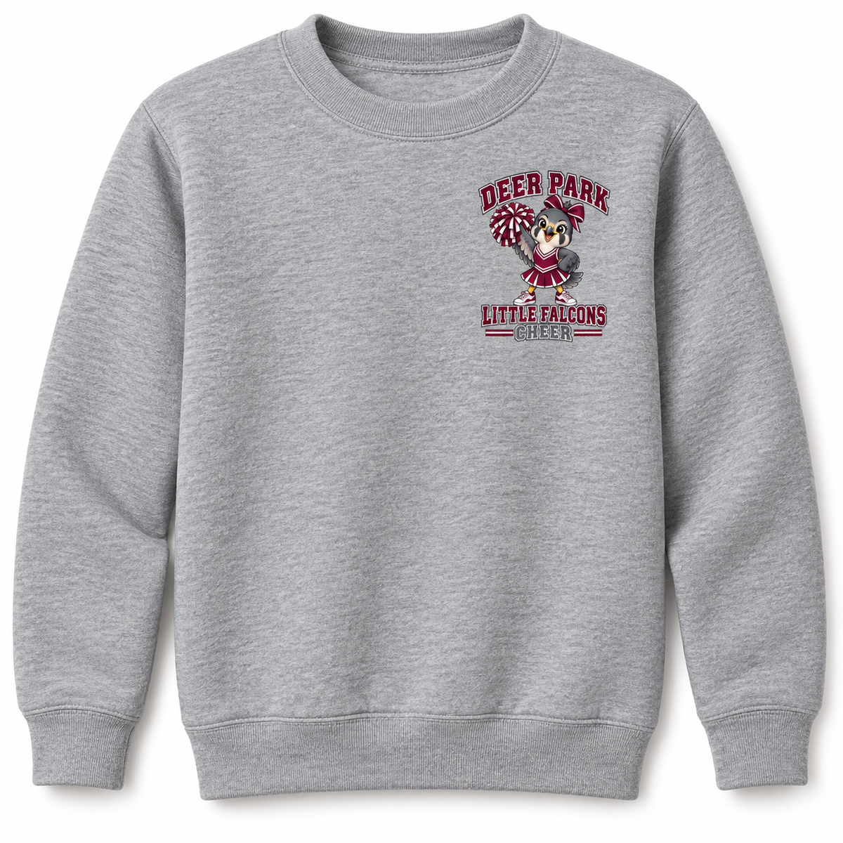 Deer Park Cheer Little Falcons youth crewneck sweatshirt in Athletic Heather with small left-chest badge