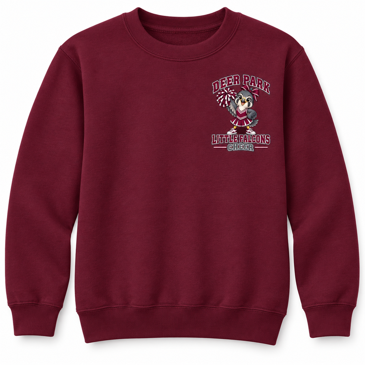 Deer Park Cheer Little Falcons youth crewneck sweatshirt in Maroon with small left-chest badge