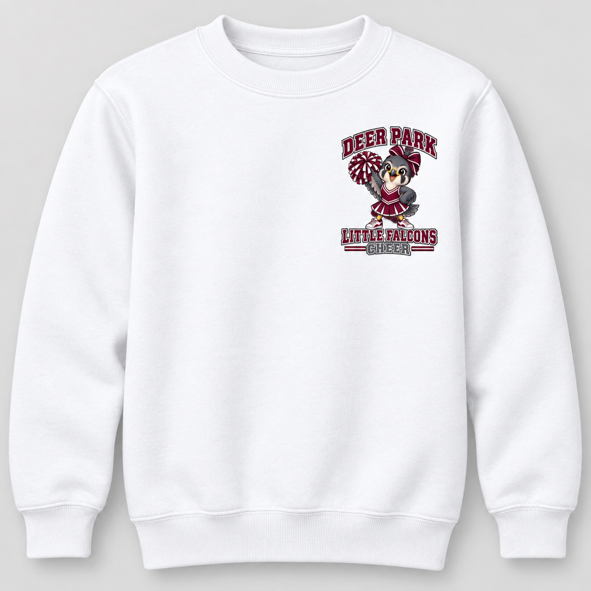 Deer Park Cheer Little Falcons youth crewneck sweatshirt in White with small left-chest badge