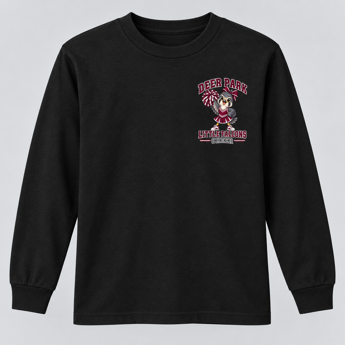 Deer Park Cheer Little Falcons youth long-sleeve T-shirt in Black with left-chest badge