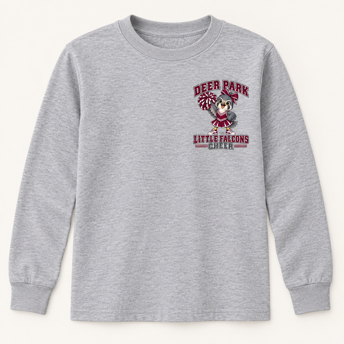 Deer Park Cheer Little Falcons youth long-sleeve T-shirt in Sport Grey with left-chest badge