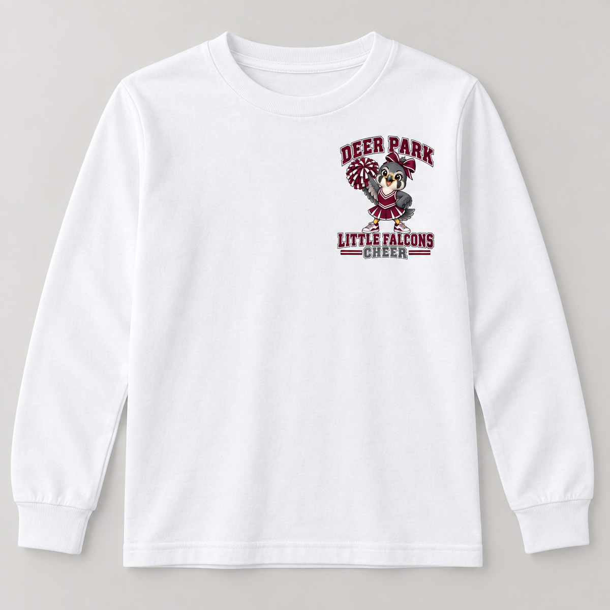Deer Park Cheer Little Falcons youth long-sleeve T-shirt in White with left-chest badge