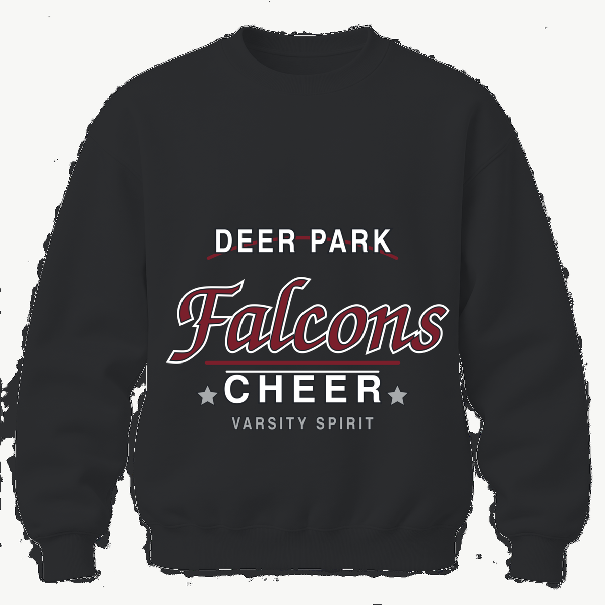Jet Black Deer Park Falcons Cheer varsity script adult crewneck sweatshirt, front view