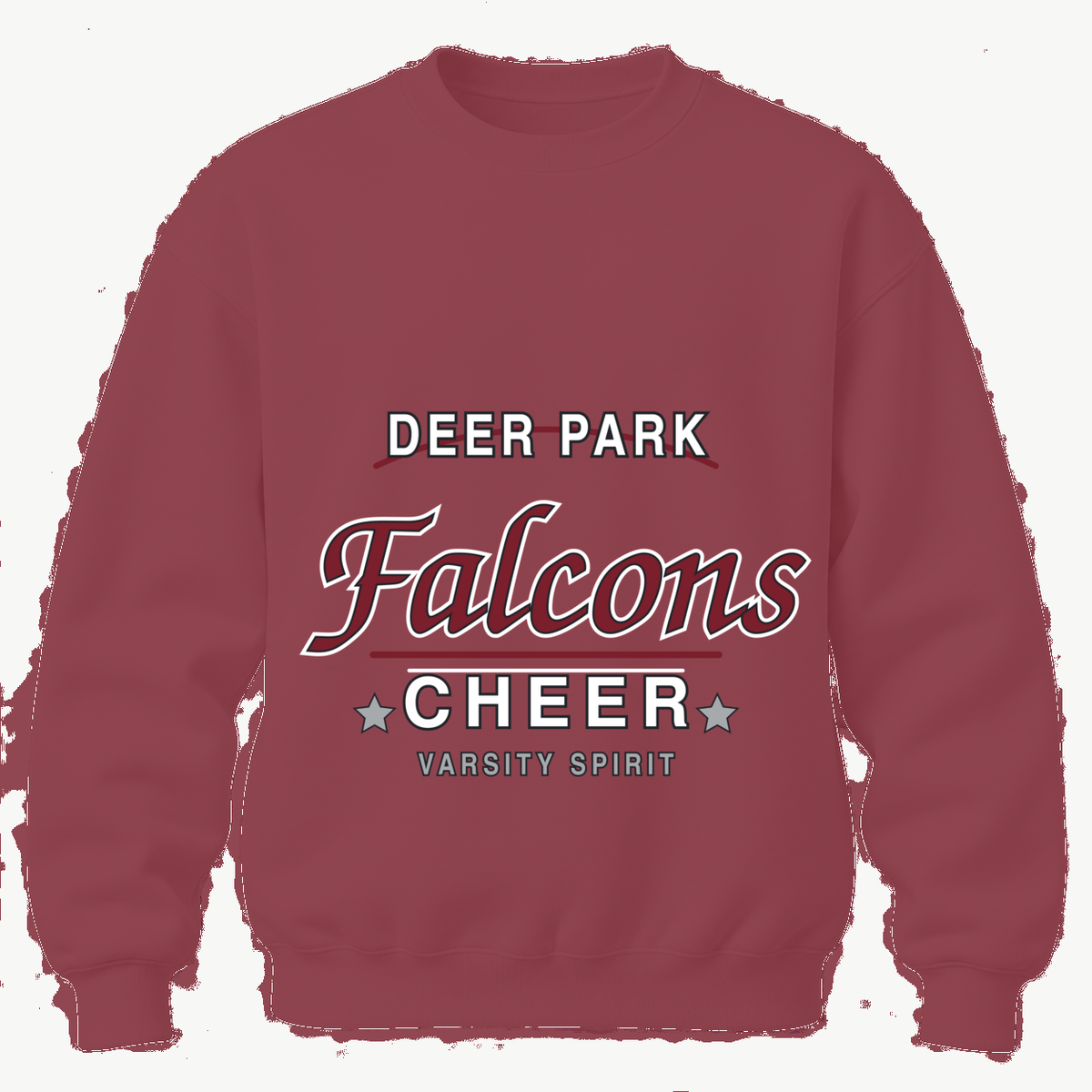 Maroon Deer Park Falcons Cheer varsity script adult crewneck sweatshirt, front view