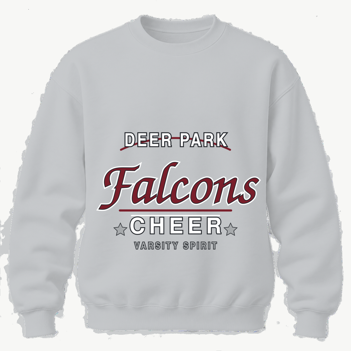 Sport Grey Deer Park Falcons Cheer varsity script adult crewneck sweatshirt, front view