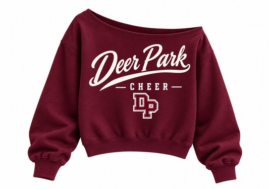 Deer Park Cheer Women's Heritage Script Off-Shoulder Crop Sweatshirt in Maroon