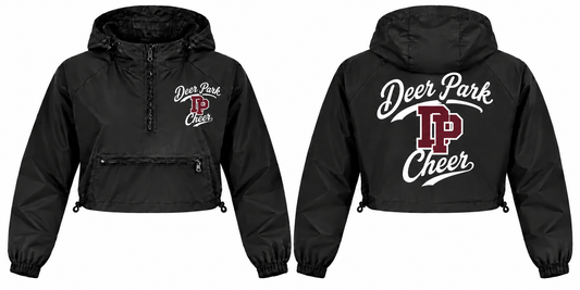 Deer Park Cheer Women's Script Crop Windbreaker - Front & Back in Black