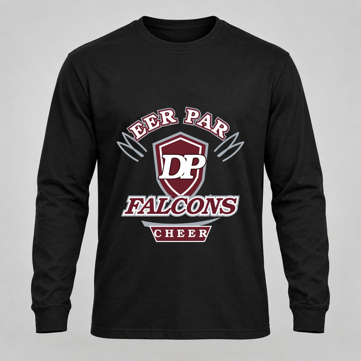 Deer Park Falcons Cheer collegiate adult long-sleeve shirt in Black, front view