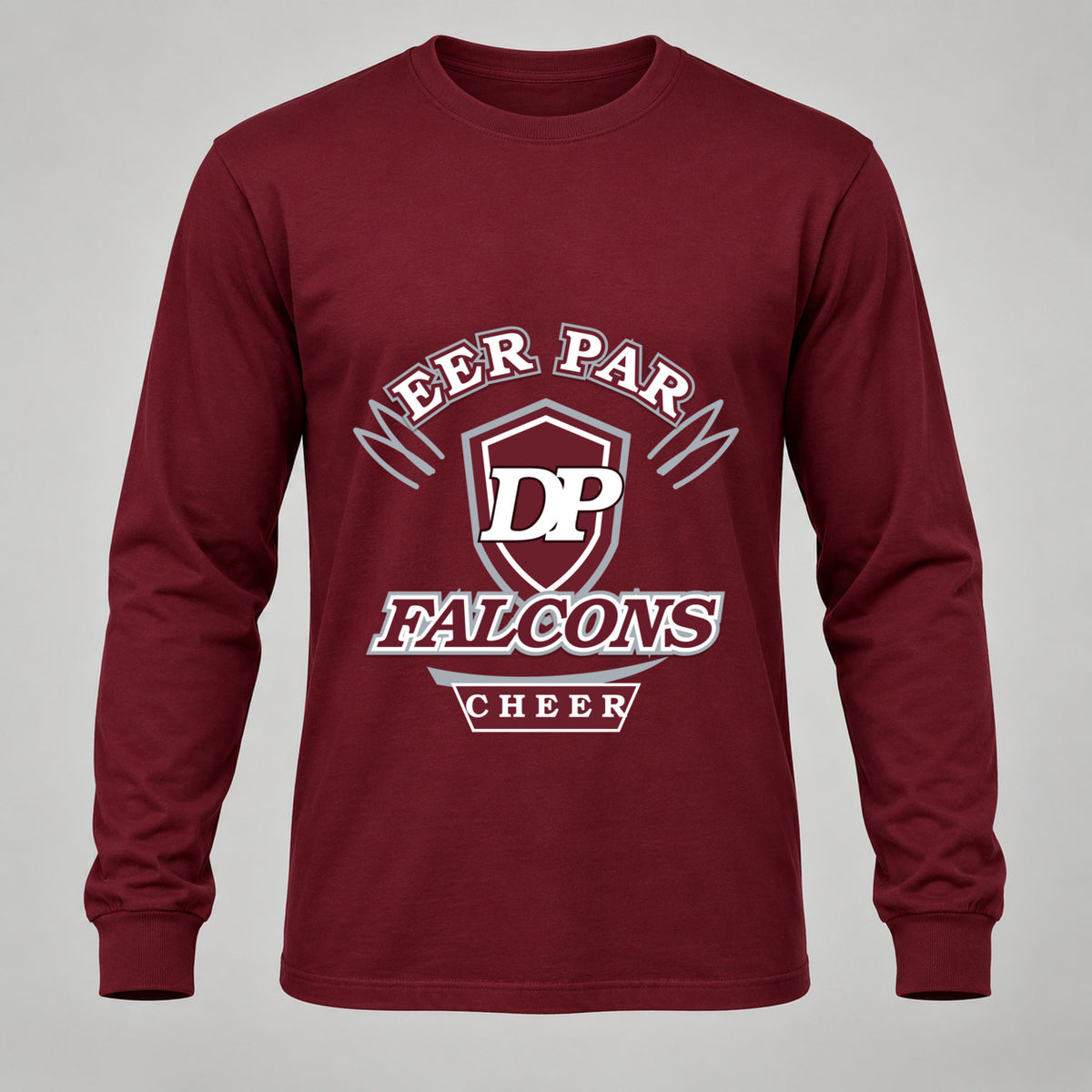 Deer Park Falcons Cheer collegiate adult long-sleeve shirt in Maroon, front view