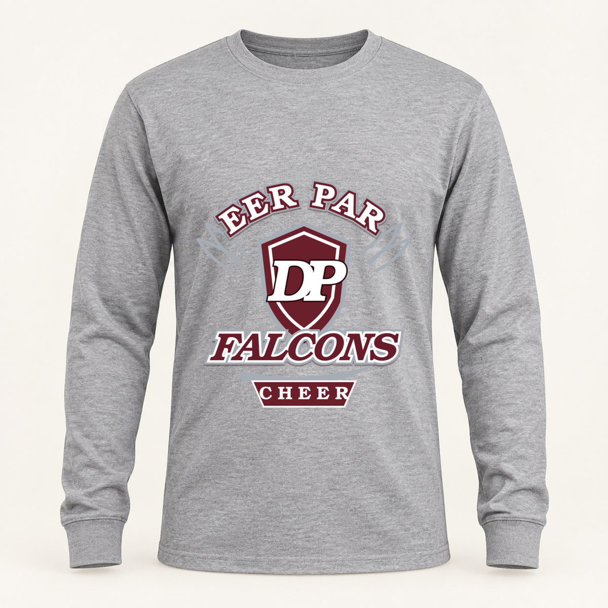 Deer Park Falcons Cheer collegiate adult long-sleeve shirt in Sport Grey, front view