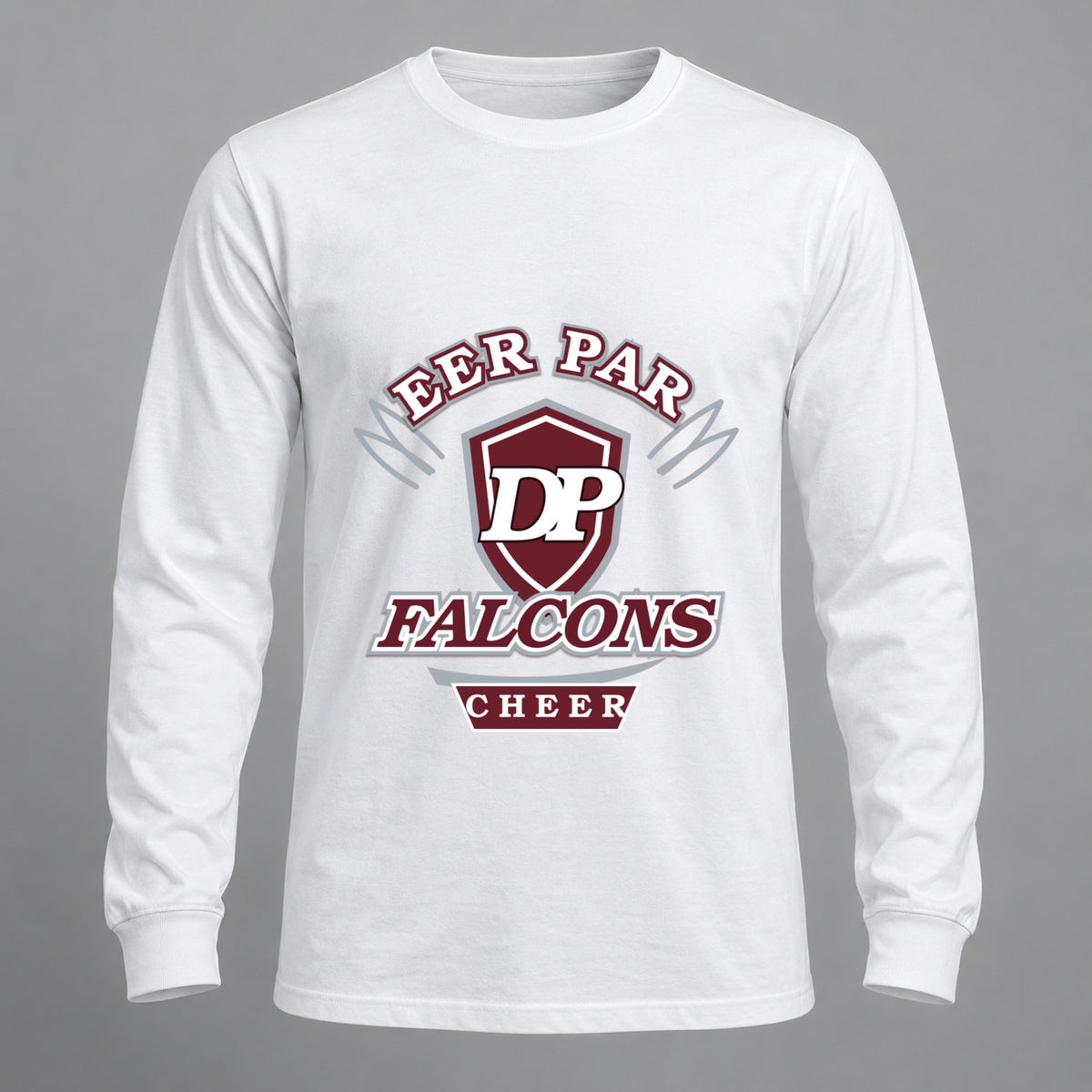Deer Park Falcons Cheer collegiate adult long-sleeve shirt in White, front view