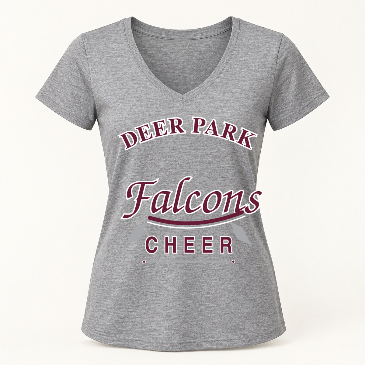 Deer Park Falcons varsity script women's V-neck in Athletic Heather, front view