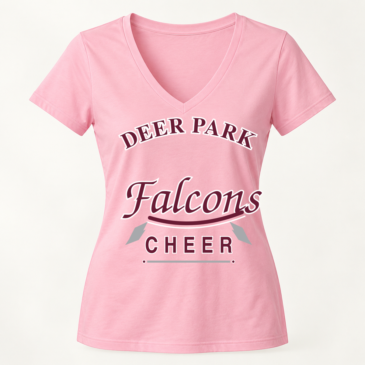 Deer Park Falcons varsity script women's V-neck in Candy Pink, front view
