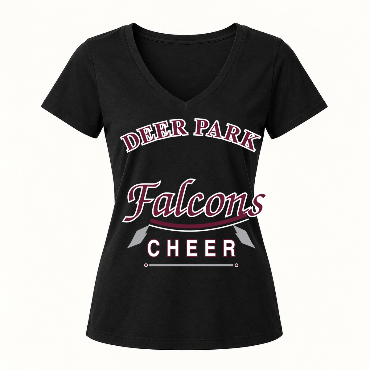 Deer Park Falcons varsity script women's V-neck in Jet Black, front view