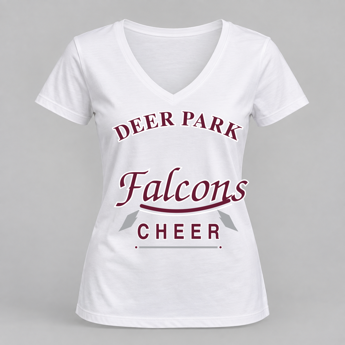 Deer Park Falcons varsity script women's V-neck in White, front view