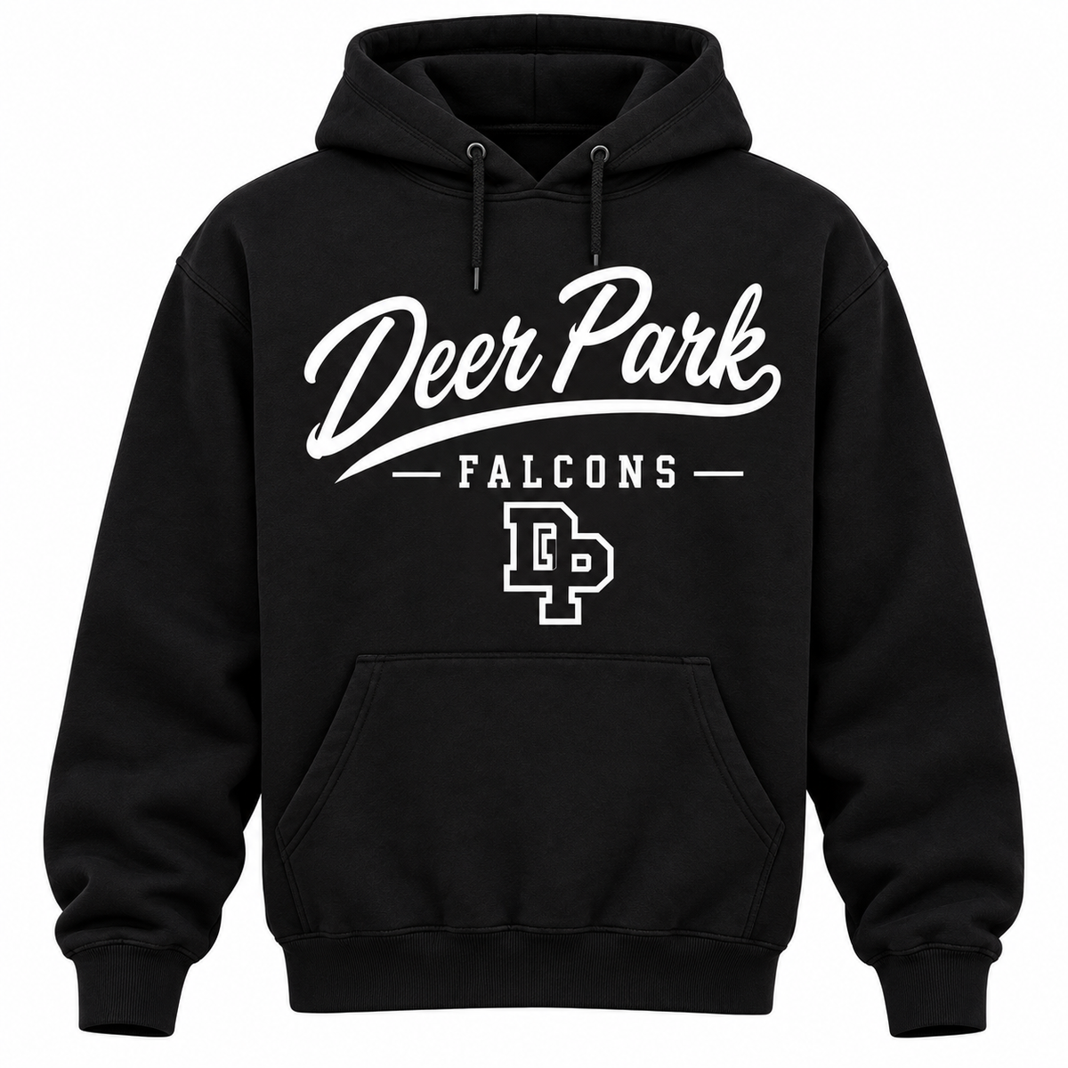 Black Deer Park Falcons Heritage pullover hoodie with white script and outlined DP monogram