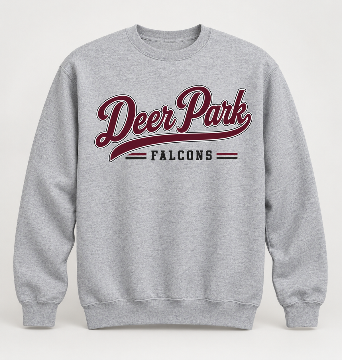 Deer Park Falcons Heritage Script Crewneck Sweatshirt in Heather Gray — front view