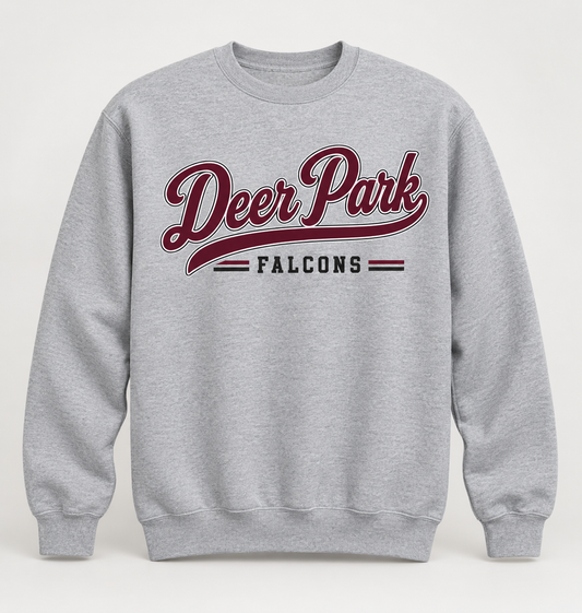 Deer Park Falcons Heritage Script Crewneck Sweatshirt in Heather Gray — front view