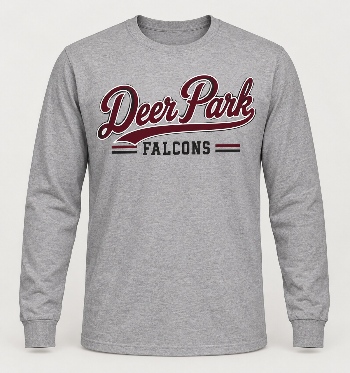 Deer Park Falcons Heritage Script Long Sleeve Tee in Heather Gray — front view