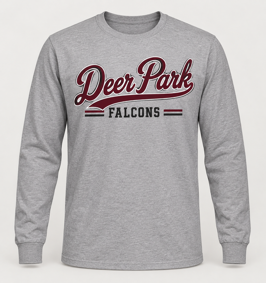Deer Park Falcons Heritage Script Long Sleeve Tee in Heather Gray — front view