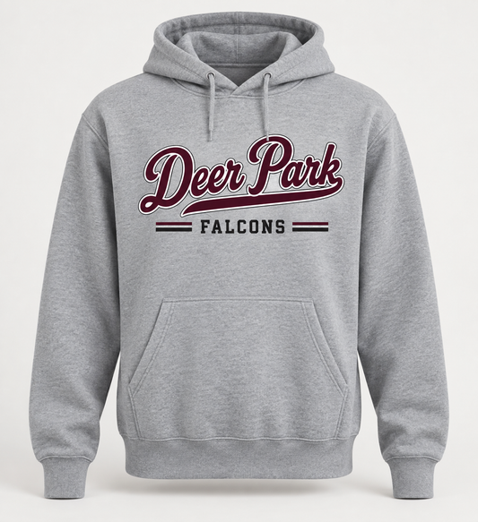 Deer Park Falcons Heritage Script Pullover Hoodie in Heather Gray — front view