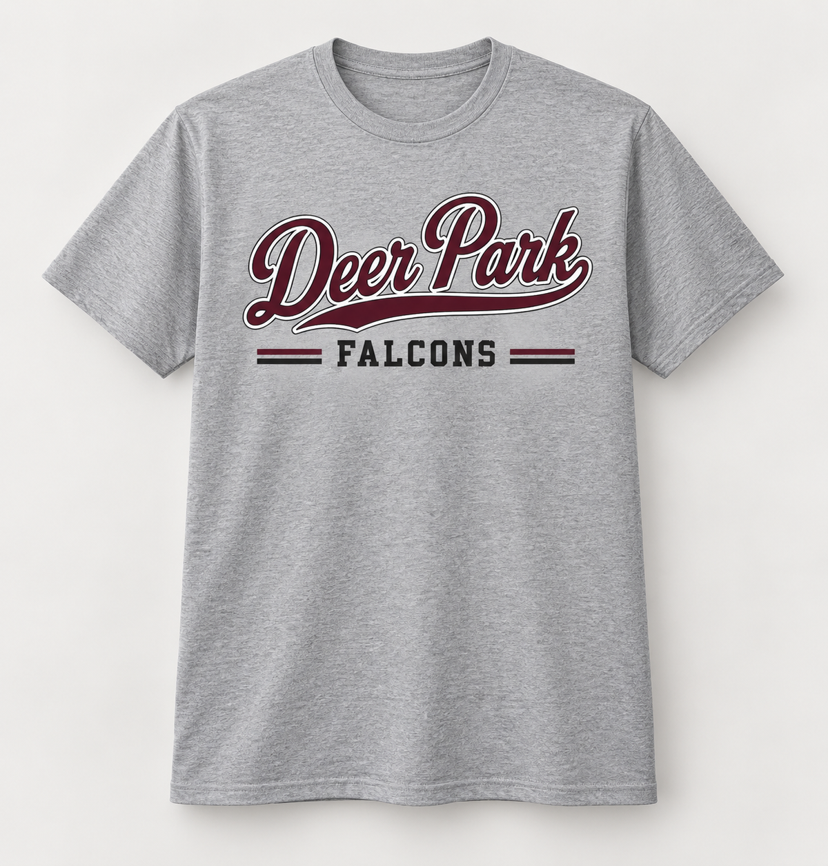 Deer Park Falcons Heritage Script Tee in Heather Gray — front view