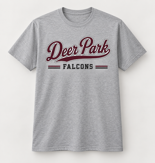 Deer Park Falcons Heritage Script Tee in Heather Gray — front view