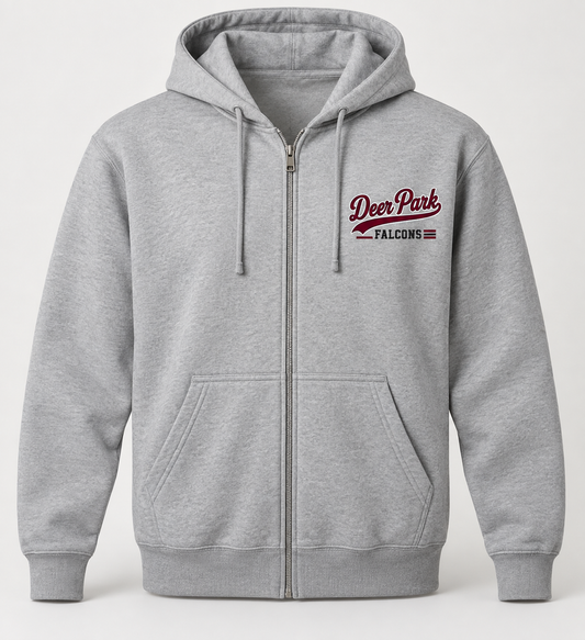Deer Park Falcons Heritage Script Zip Hoodie in Heather Gray — front view