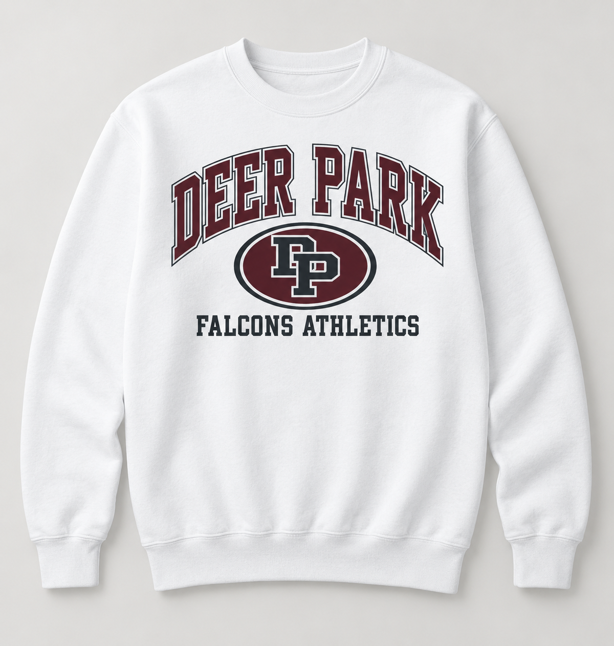 Deer Park Falcons Stadium Crest Crewneck Sweatshirt in White — front view