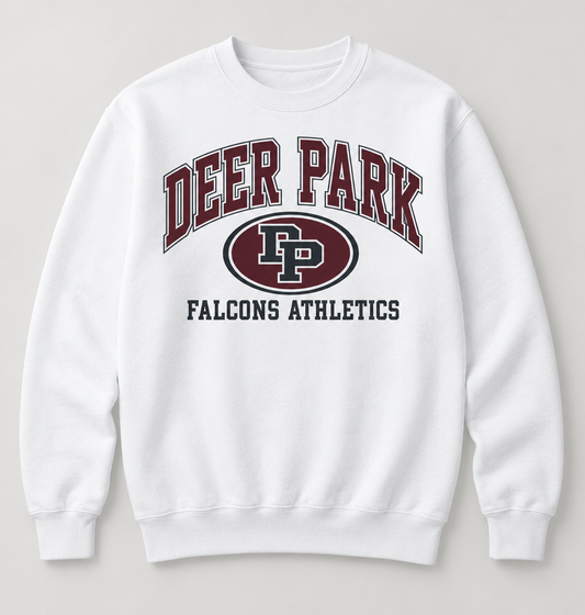 Deer Park Falcons Stadium Crest Crewneck Sweatshirt in White — front view