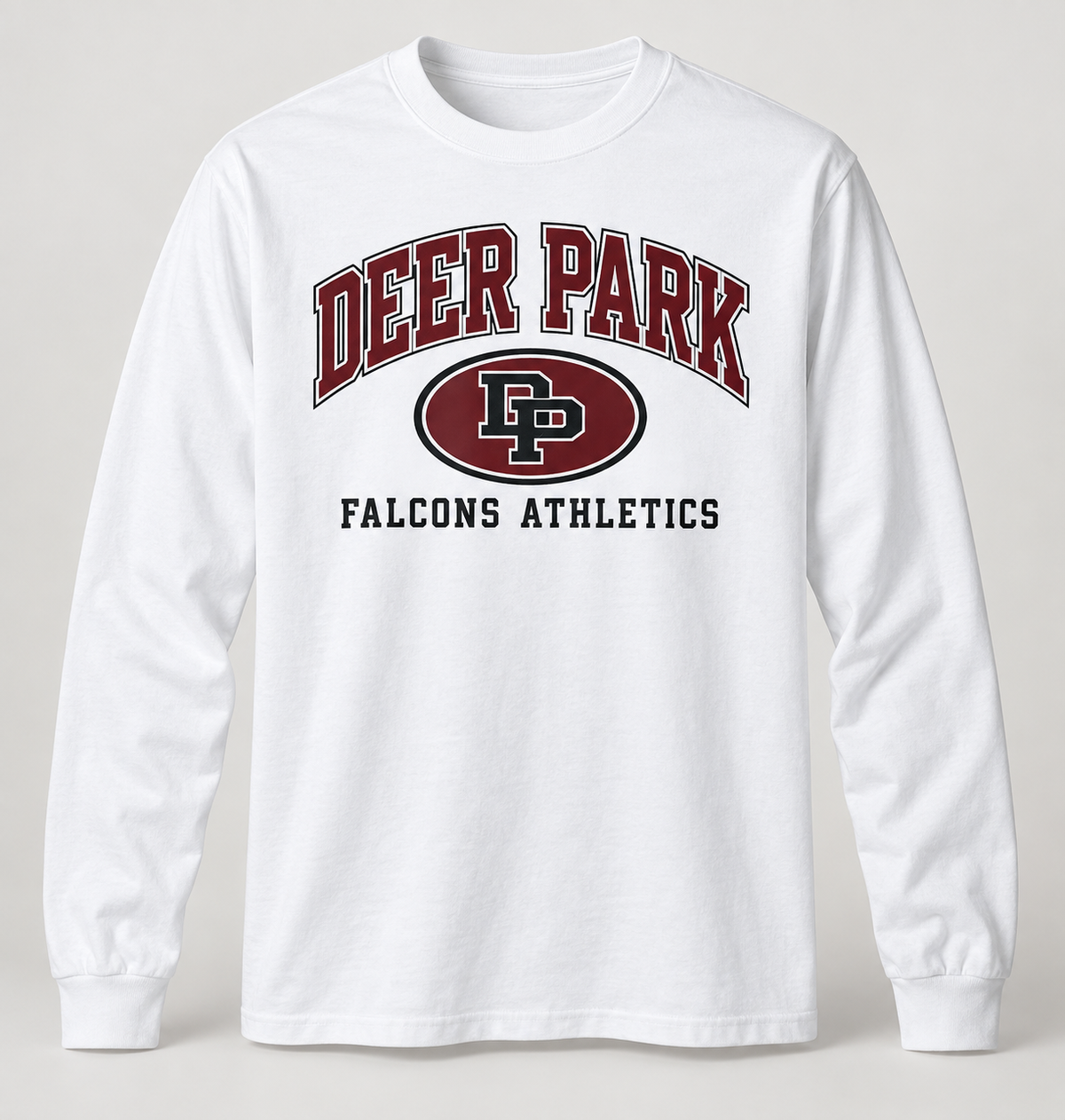Deer Park Falcons Stadium Crest Long Sleeve Tee in White — front view